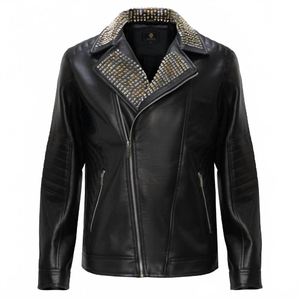 NEW BAROCCO men's studded collar trim moto jacket in black